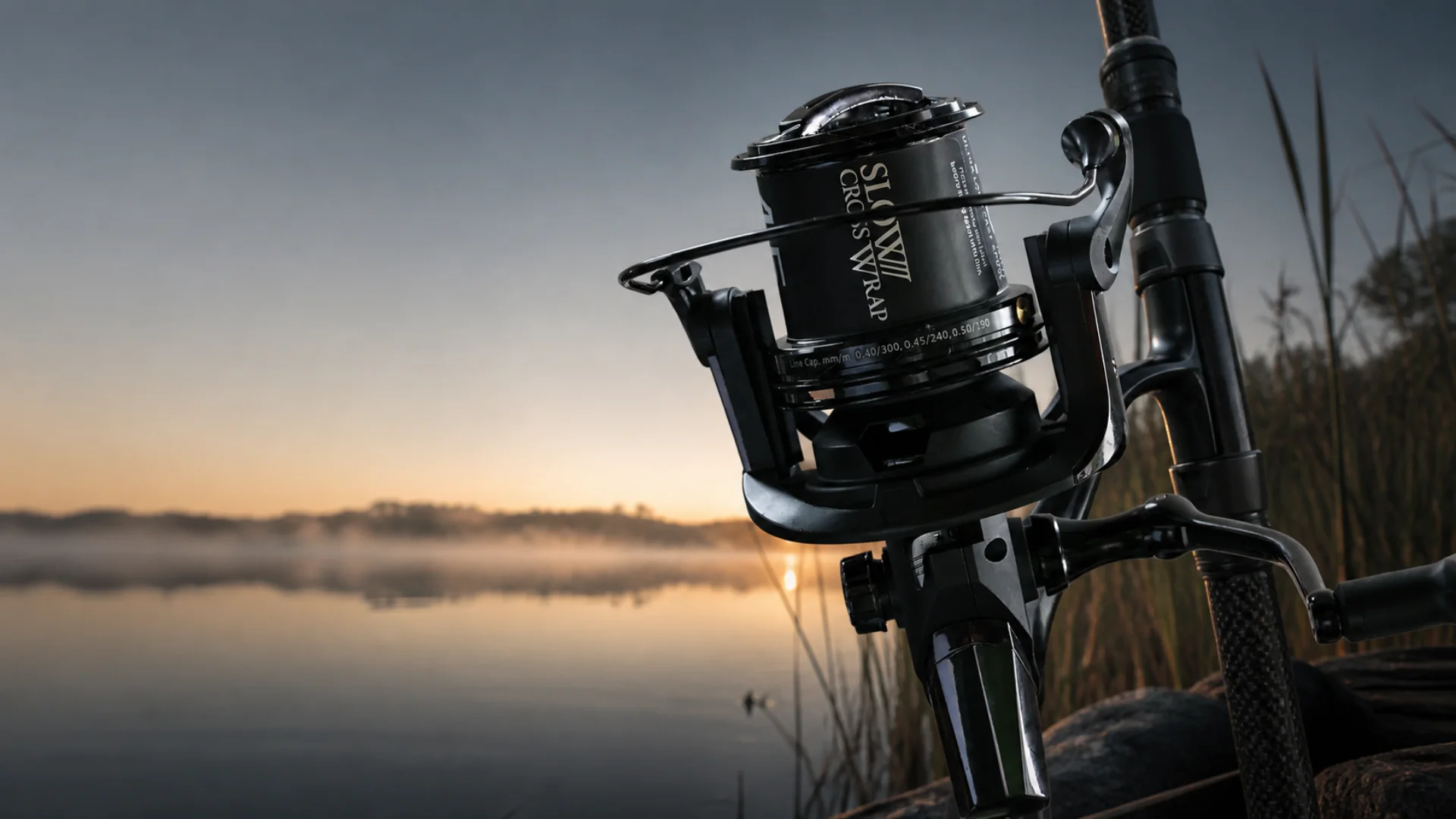 CarpTNT long-cast reel beside a European lake at sunrise
