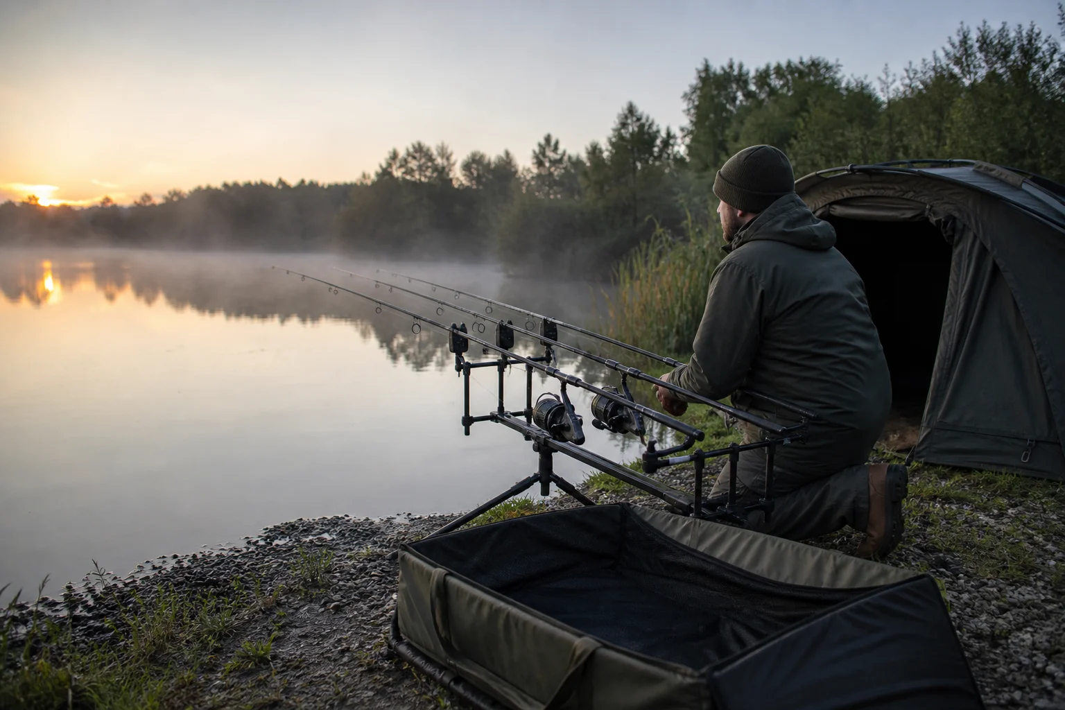 Carp angler preparing a three-rod setup beside a European lake